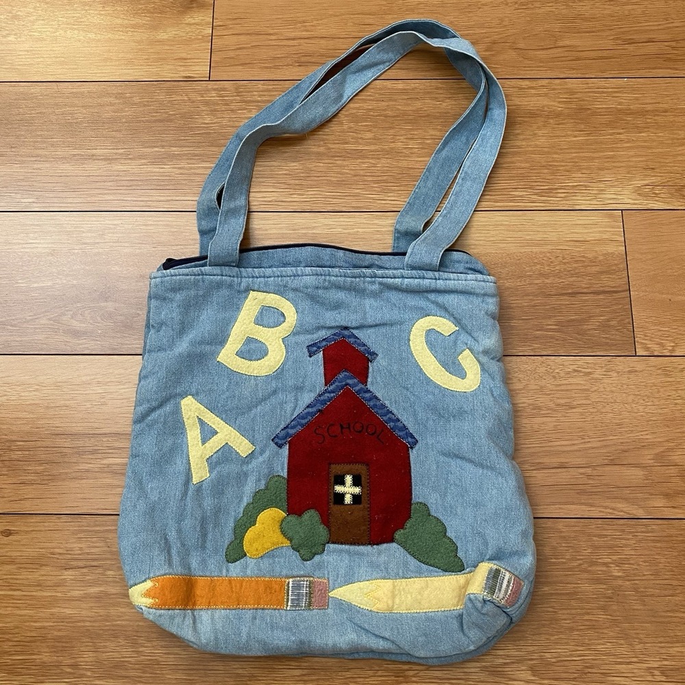 Vintage Denim Tote ABC School Bag Blue Patchwork